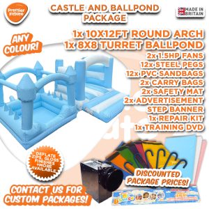 Pastel Blue/White 10x12ft Curved Arch 4 Post & 8x8ft Turret Ballpond Package